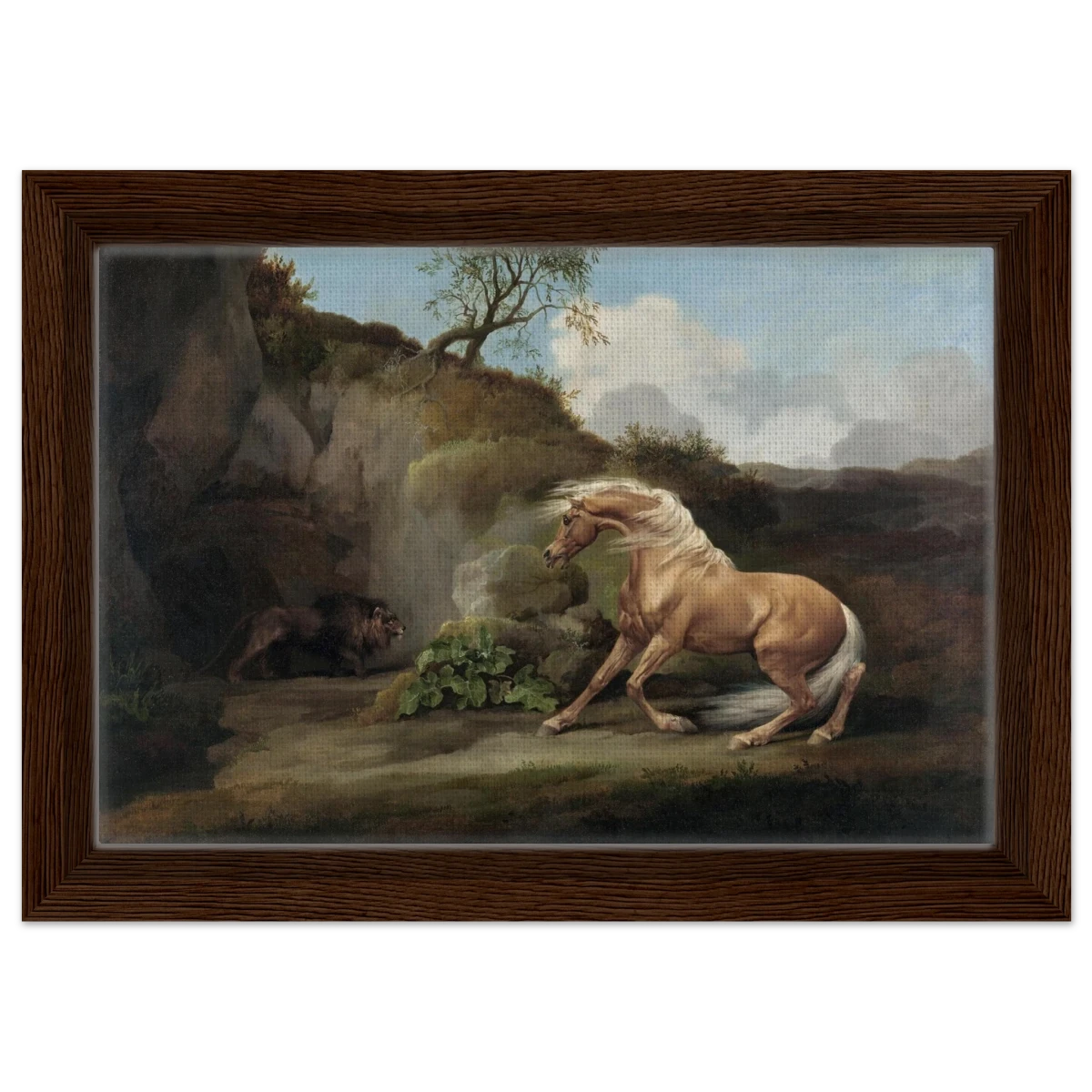 Horse Frightened by a Lion – George Stubbs Wall Art Print - Framed Canvas - 20x30 cm / 8x12″ - Dark wood frame