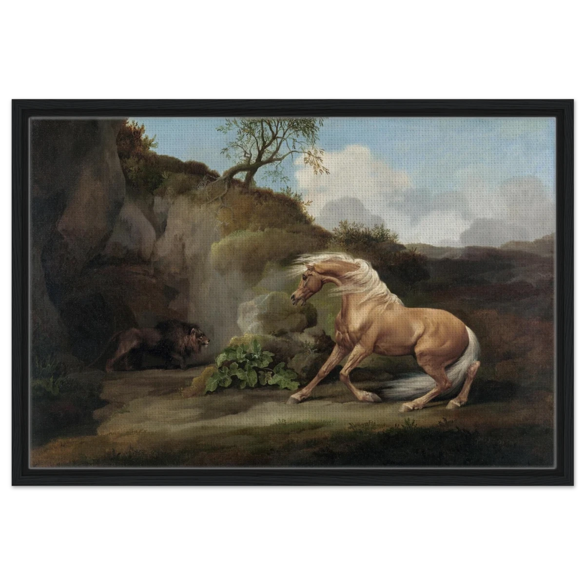 Horse Frightened by a Lion – George Stubbs Wall Art Print - Framed Canvas - 50x75 cm / 20x30″ - Black frame