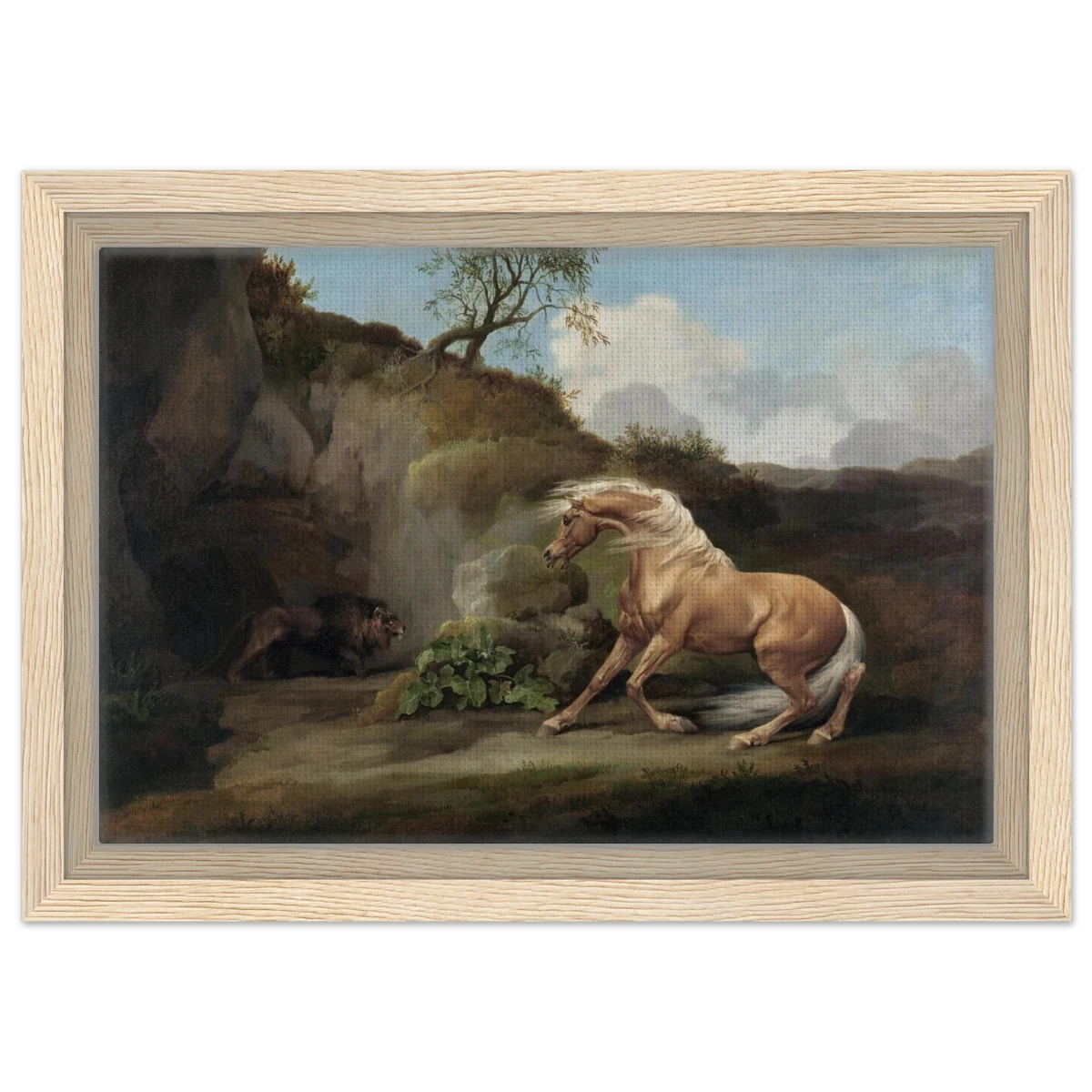 Horse Frightened by a Lion – George Stubbs Wall Art Print - Framed Canvas - 20x30 cm / 8x12″ - Wood frame