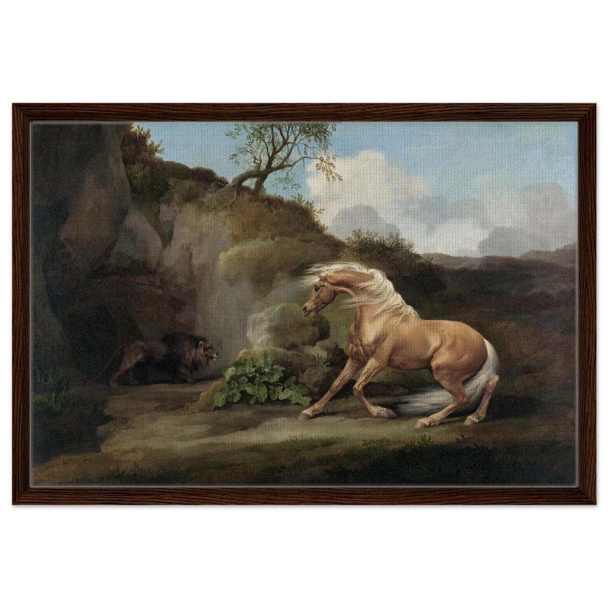 Horse Frightened by a Lion – George Stubbs Wall Art Print - Framed Canvas - 50x75 cm / 20x30″ - Dark wood frame