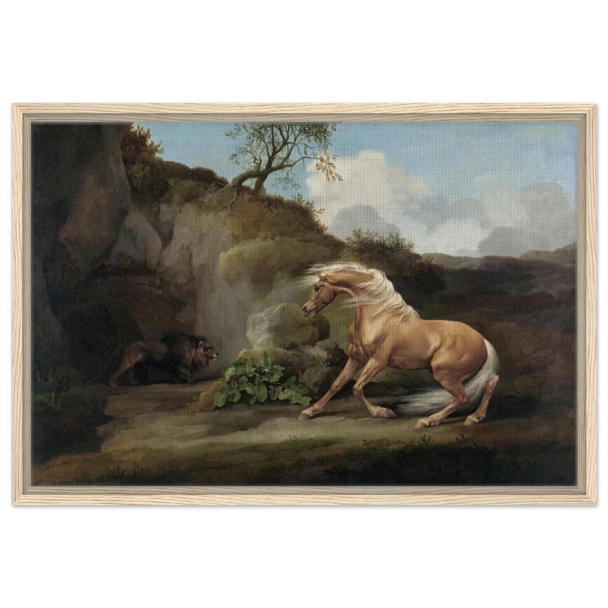 Horse Frightened by a Lion – George Stubbs Wall Art Print - Framed Canvas - 50x75 cm / 20x30″ - Wood frame
