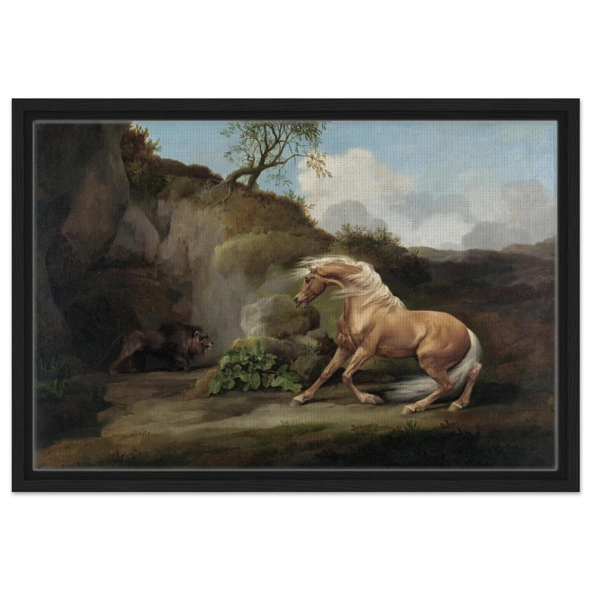 Horse Frightened by a Lion – George Stubbs Wall Art Print - Framed Canvas - 40x60 cm / 16x24″ - Black frame