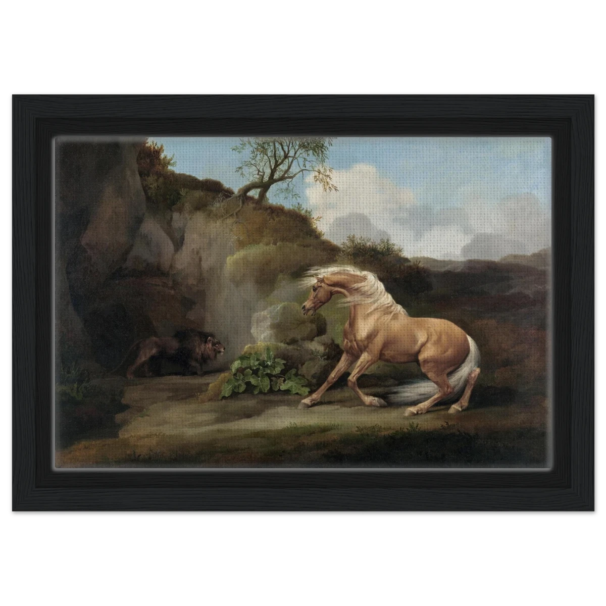 Horse Frightened by a Lion – George Stubbs Wall Art Print - Framed Canvas - 20x30 cm / 8x12″ - Black frame