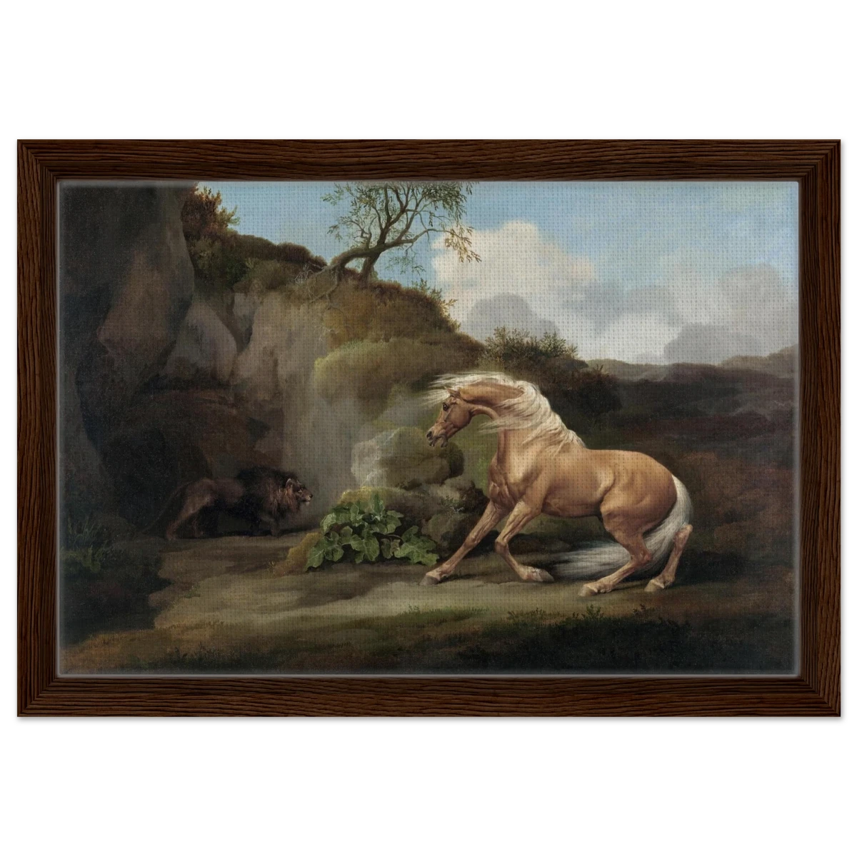 Horse Frightened by a Lion – George Stubbs Wall Art Print - Framed Canvas - 30x45 cm / 12x18″ - Dark wood frame
