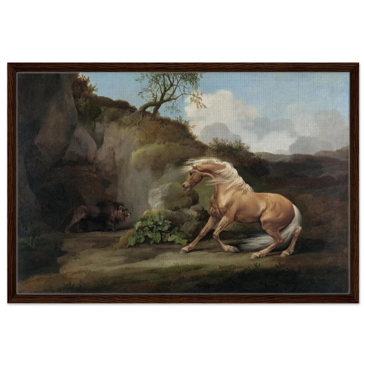 Horse Frightened by a Lion – George Stubbs Wall Art Print - Framed Canvas - 60x90 cm / 24x36″ - Dark wood frame