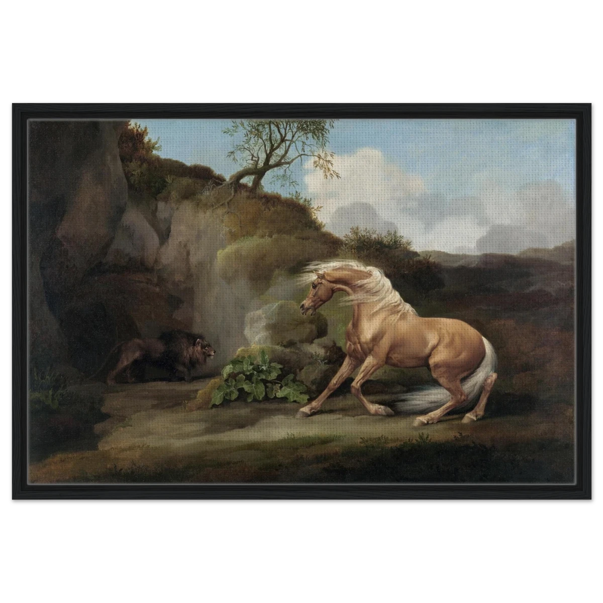 Horse Frightened by a Lion – George Stubbs Wall Art Print - Framed Canvas - 60x90 cm / 24x36″ - Black frame