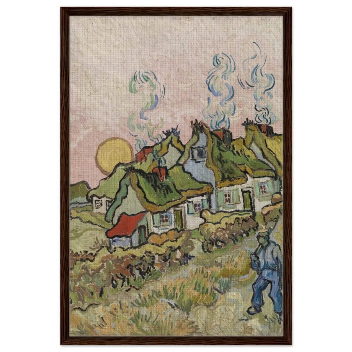 Houses and Figure by Vincent van Gogh | Vintage wall art print - Framed Canvas - 60x90 cm / 24x36″ - Dark wood frame