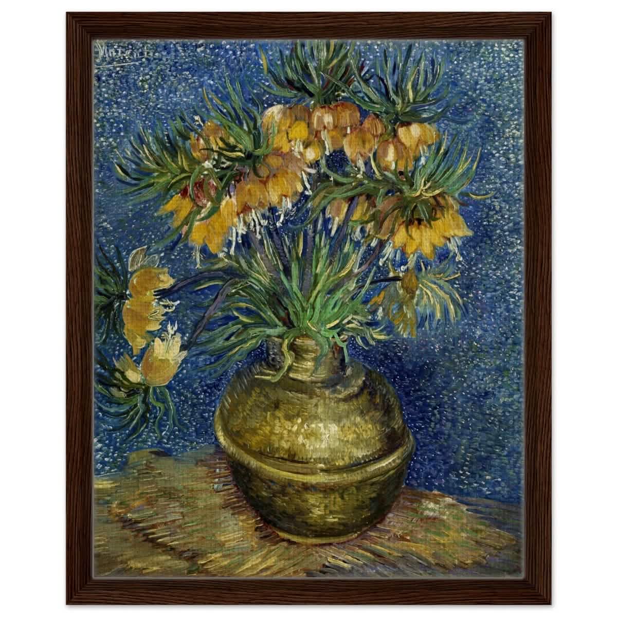 Imperial Fritillaries in a Copper Vase (1887) by Vincent van Gogh | Vintage wall art print - Framed Canvas - 40x50 cm / 16x20″ - Dark wood frame