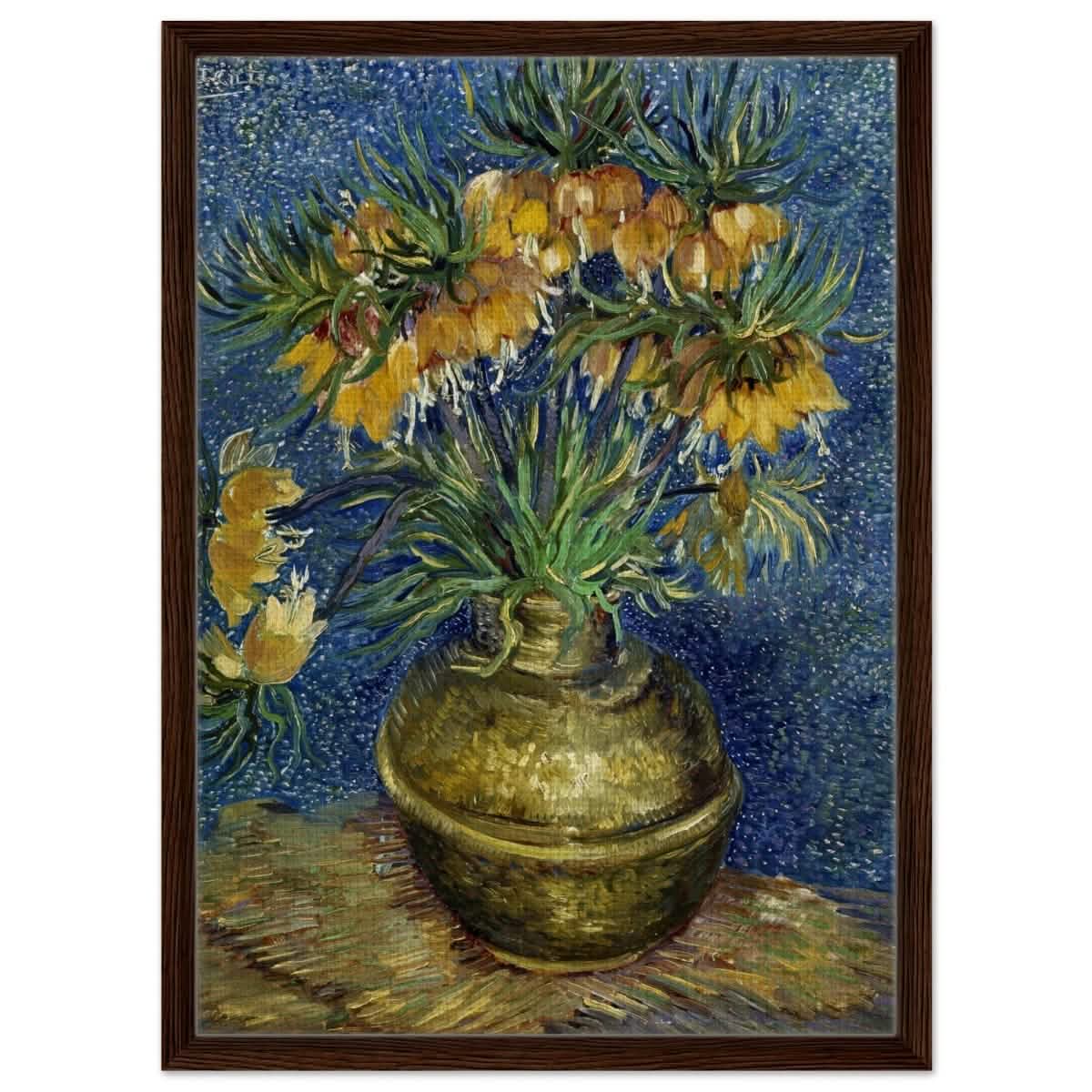 Imperial Fritillaries in a Copper Vase (1887) by Vincent van Gogh | Vintage wall art print - Framed Canvas - 50x70 cm / 20x28″ - Dark wood frame