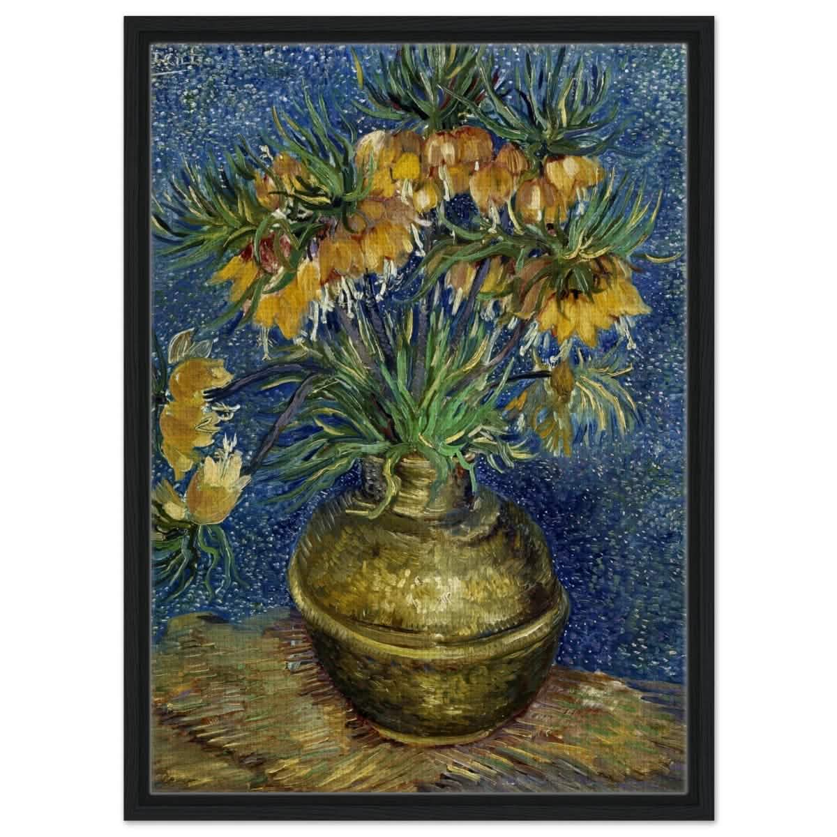 Imperial Fritillaries in a Copper Vase (1887) by Vincent van Gogh | Vintage wall art print - Framed Canvas - 50x70 cm / 20x28″ - Black frame