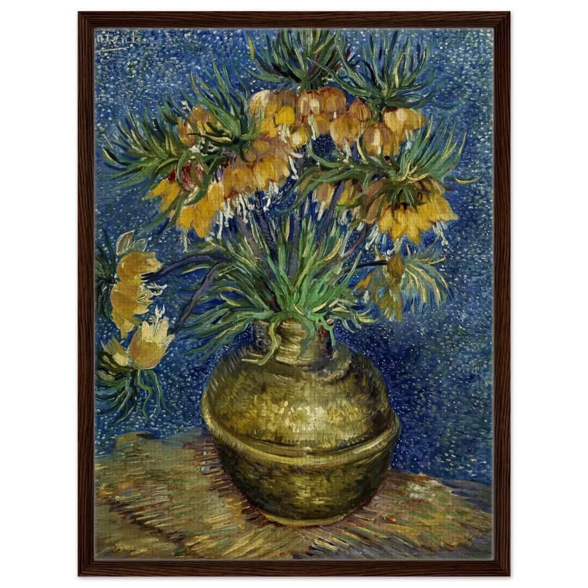 Imperial Fritillaries in a Copper Vase (1887) by Vincent van Gogh | Vintage wall art print - Framed Canvas - 60x80 cm / 24x32″ - Dark wood frame