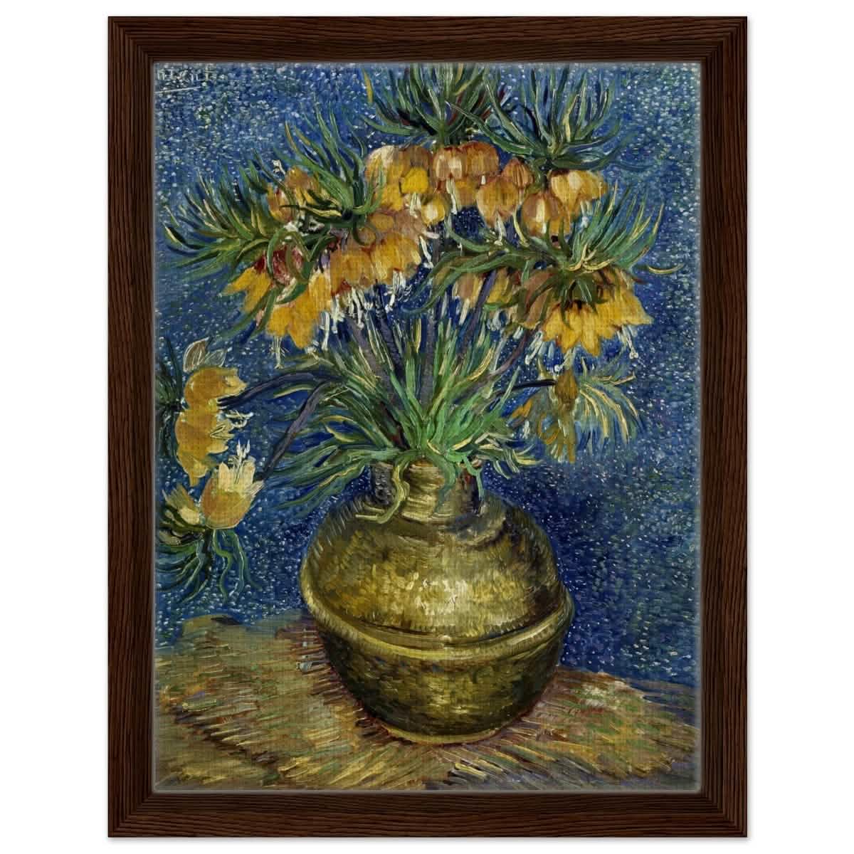 Imperial Fritillaries in a Copper Vase (1887) by Vincent van Gogh | Vintage wall art print - Framed Canvas - 30x40 cm / 12x16″ - Dark wood frame