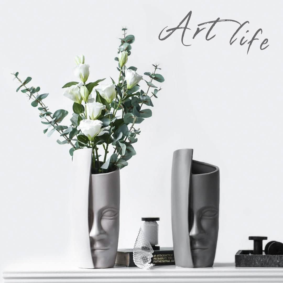 Individual ceramic face art vase decoration - Beige -