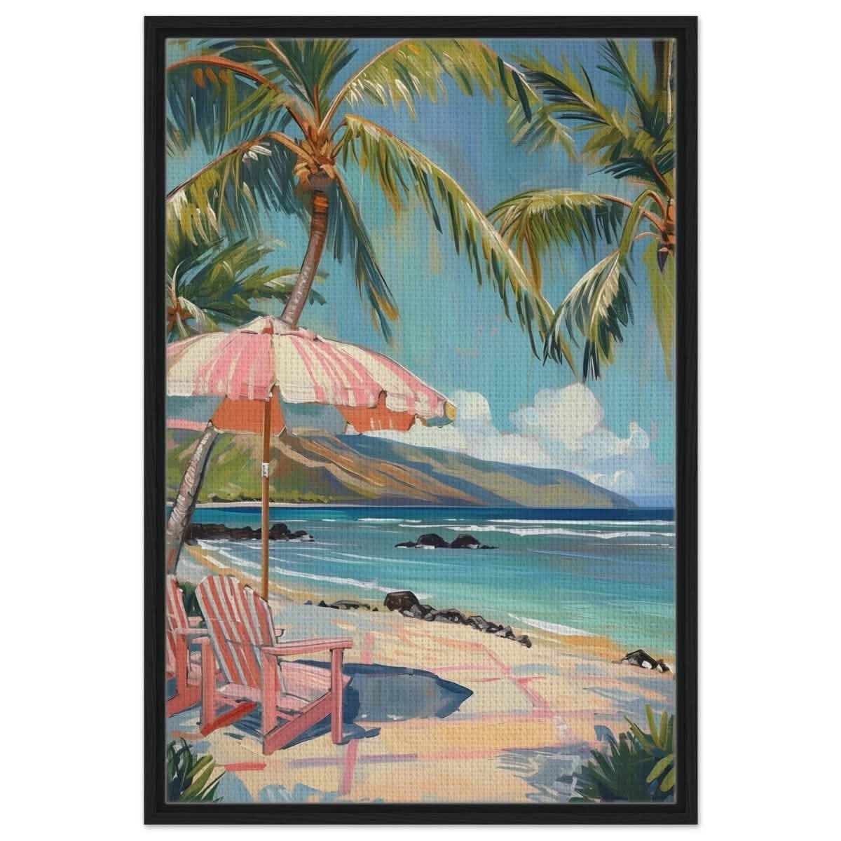 Island Retreat with Palm Breeze | Contemporary Impressionism wall art print - 60x90 cm / 24x36″ - Framed Canvas - Black frame