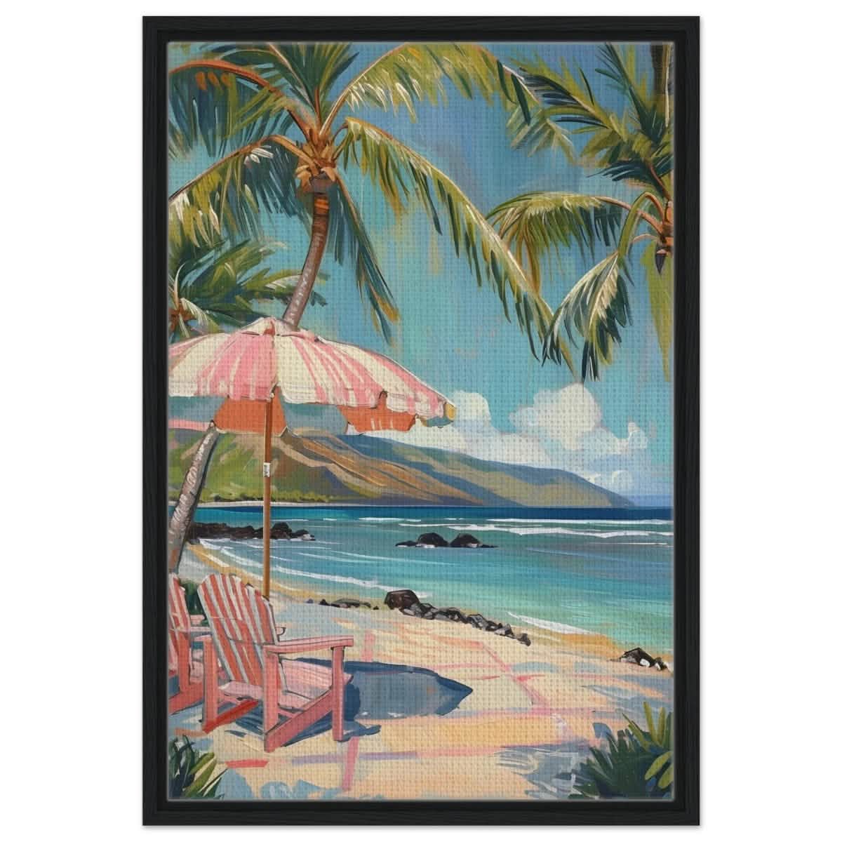 Island Retreat with Palm Breeze | Contemporary Impressionism wall art print - 50x75 cm / 20x30″ - Framed Canvas - Black frame