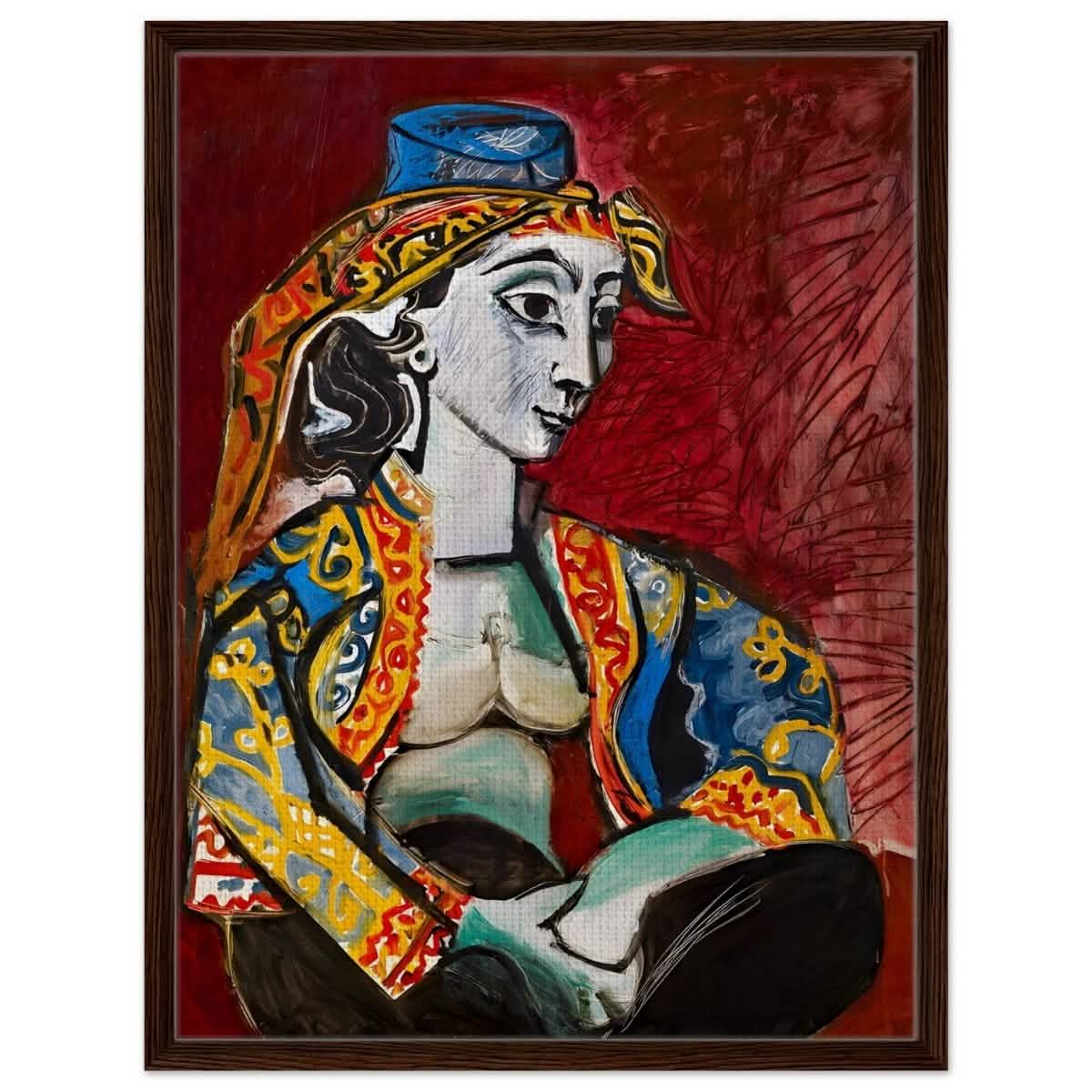 Jacqueline in Turkish Costume by Pablo Picasso | Cubism Art wall art print - Framed Canvas - 60x80 cm / 24x32″ - Dark wood frame