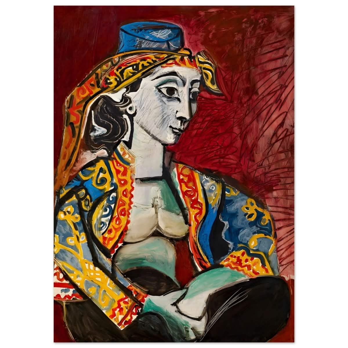 Jacqueline in Turkish Costume by Pablo Picasso | Cubism Art wall art print - Wood Prints - 50x70 cm / 20x28″ -