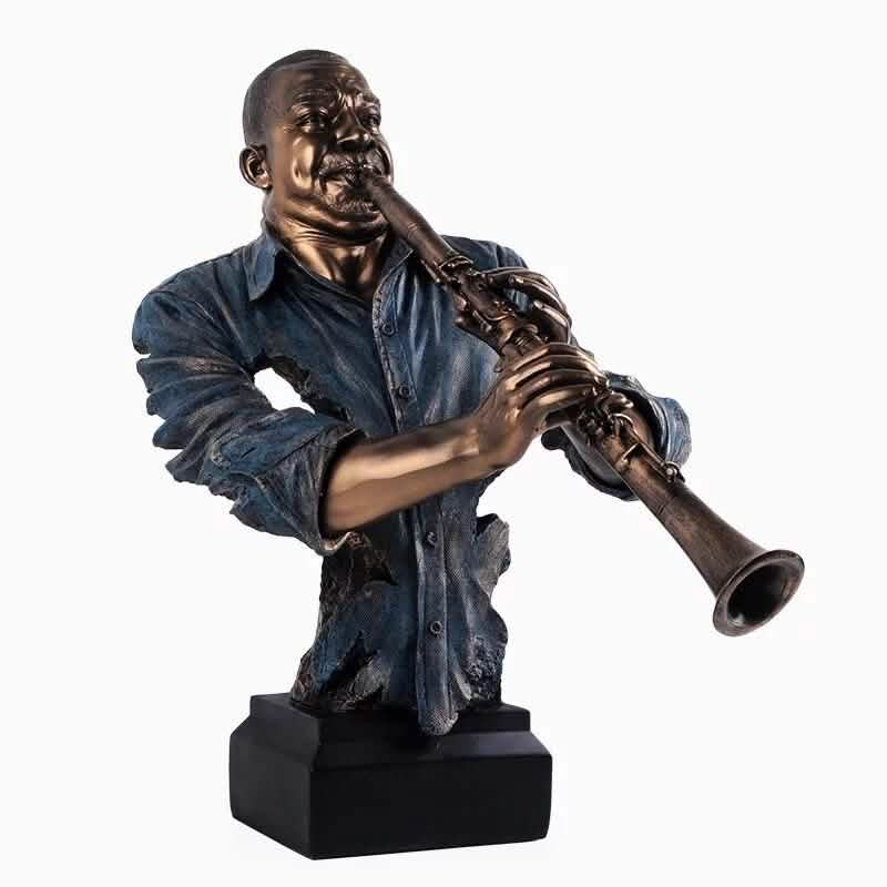 Jazz Musician Resin Sculptures – Cold Cast Copper Artwork for Home & Office Décor - Blue plays the clarinet -
