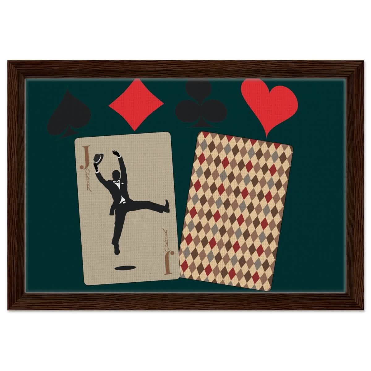 Jester's Dance | Vintage Joker Card | Pop Art Wall art print - Framed Canvas - 30x45 cm / 12x18″ - Dark wood frame