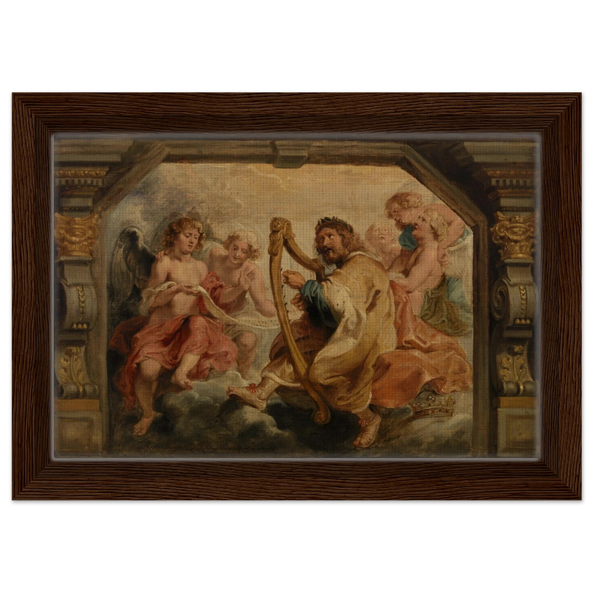 King David Playing the Harp – Peter Paul Rubens Wall Art Print - Framed Canvas - 20x30 cm / 8x12″ - Dark wood frame