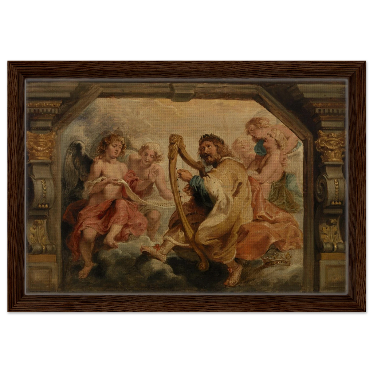 King David Playing the Harp – Peter Paul Rubens Wall Art Print - Framed Canvas - 30x45 cm / 12x18″ - Dark wood frame