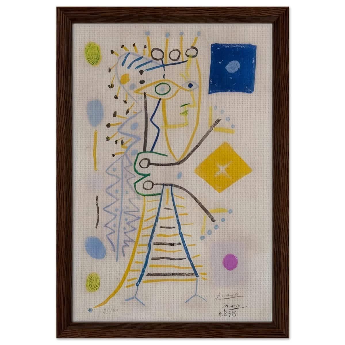 La Femme Aux des (Jacqueline) (blue), c. 1958 by Pablo Picasso | Cubism wall art print - Framed Canvas - 30x45 cm / 12x18″ - Dark wood frame