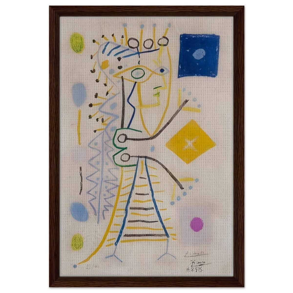 La Femme Aux des (Jacqueline) (blue), c. 1958 by Pablo Picasso | Cubism wall art print - Framed Canvas - 40x60 cm / 16x24″ - Dark wood frame