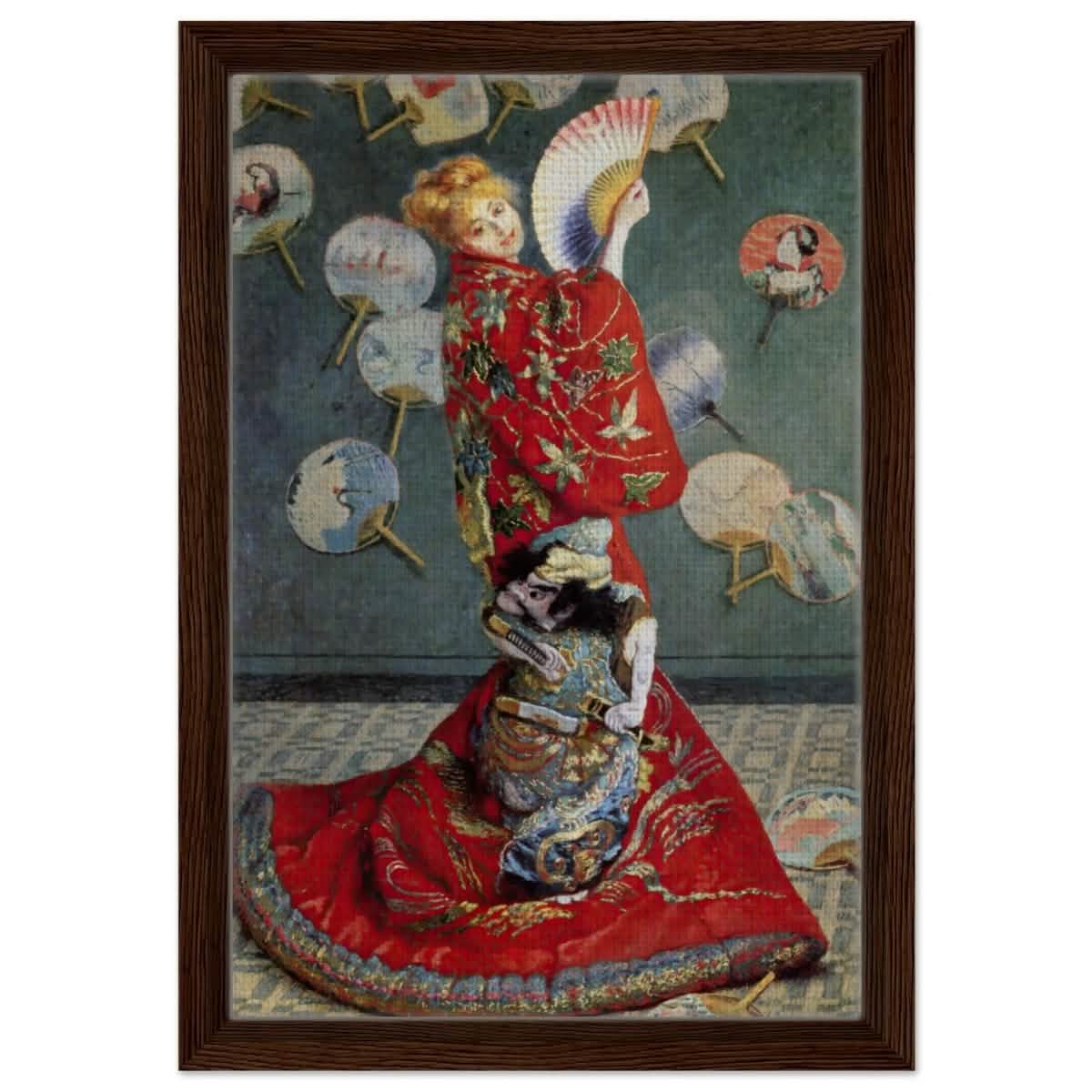 La Japonaise , The Japanese (1876) by Claude Monet | Vintage wall art print - Framed Canvas - 30x45 cm / 12x18″ - Dark wood frame