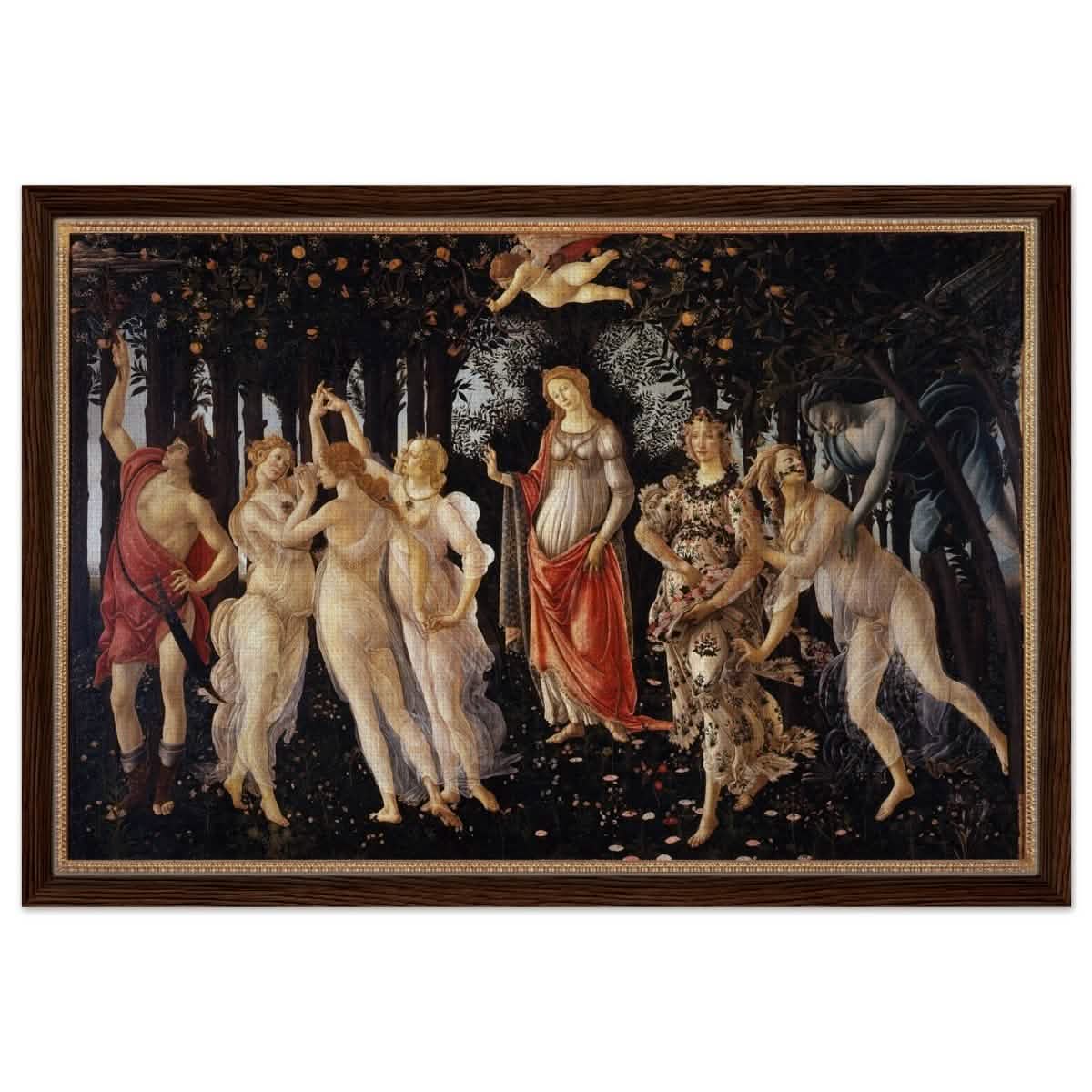 La Primavera by Sandro Botticelli | Primavera | Vintage Art wall art print - Framed Canvas - 50x75 cm / 20x30″ - Dark wood frame