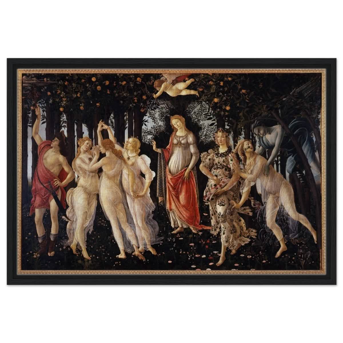 La Primavera by Sandro Botticelli | Primavera | Vintage Art wall art print - Framed Canvas - 50x75 cm / 20x30″ - Black frame
