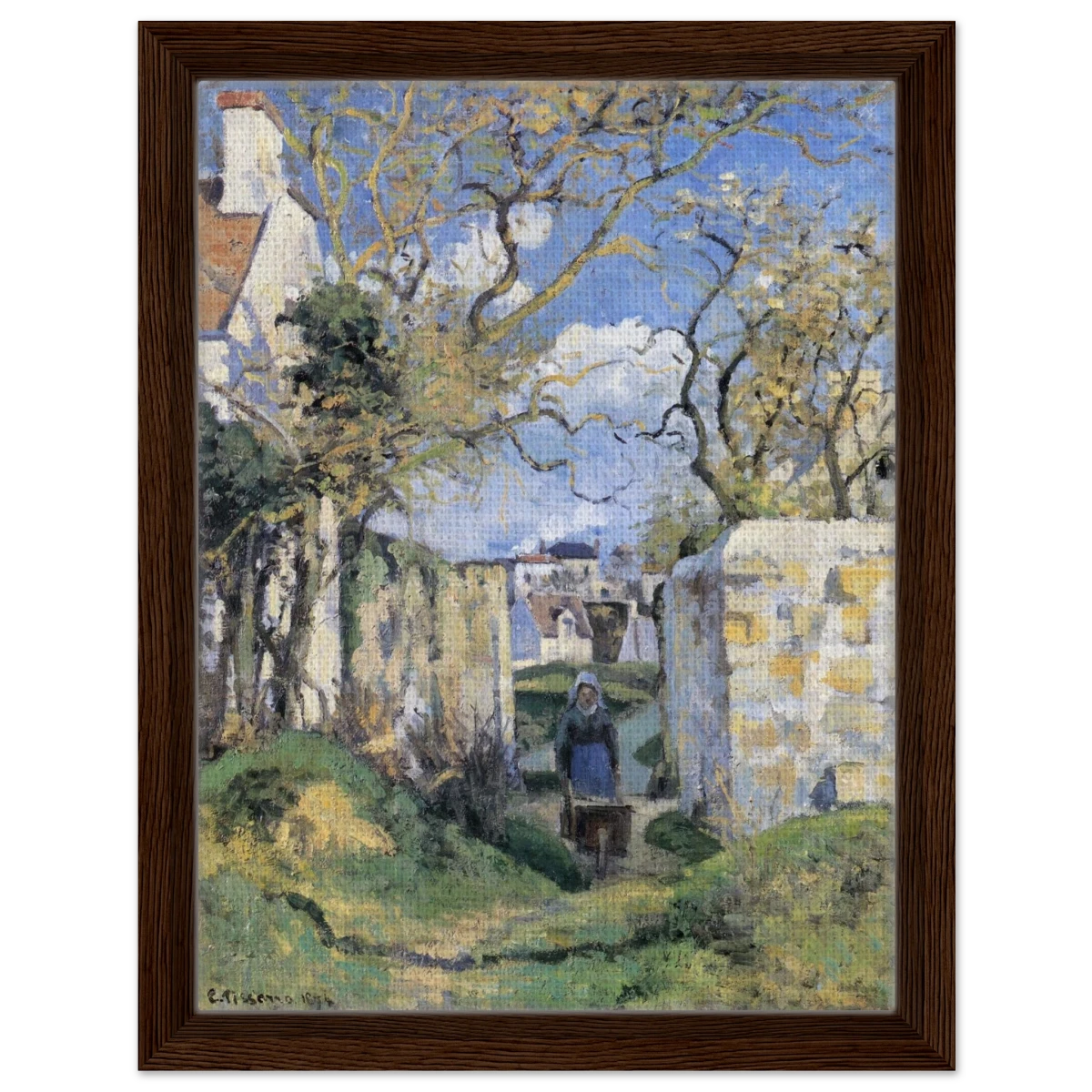 Landscape From Pontoise (1874) by Camille Pissarro – Impressionist Wall Art Print - Framed Canvas - 30x40 cm / 12x16″ - Dark wood frame