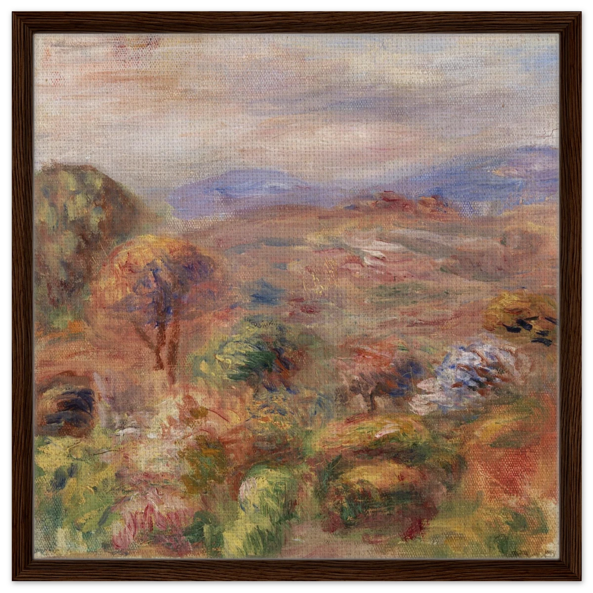 "Landscape (Paysage)" by Pierre - Auguste Renoir – Impressionist Wall Art Print | French Countryside - Framed Canvas - 60x60 cm / 24x24″ - Dark wood frame