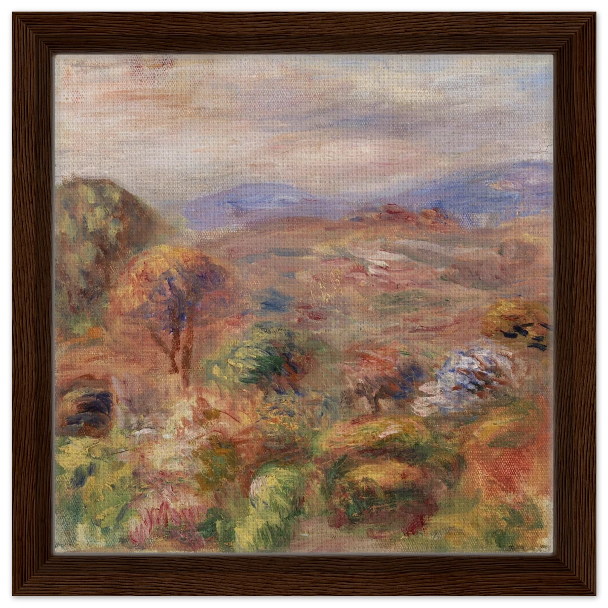 "Landscape (Paysage)" by Pierre - Auguste Renoir – Impressionist Wall Art Print | French Countryside - Framed Canvas - 30x30 cm / 12x12″ - Dark wood frame