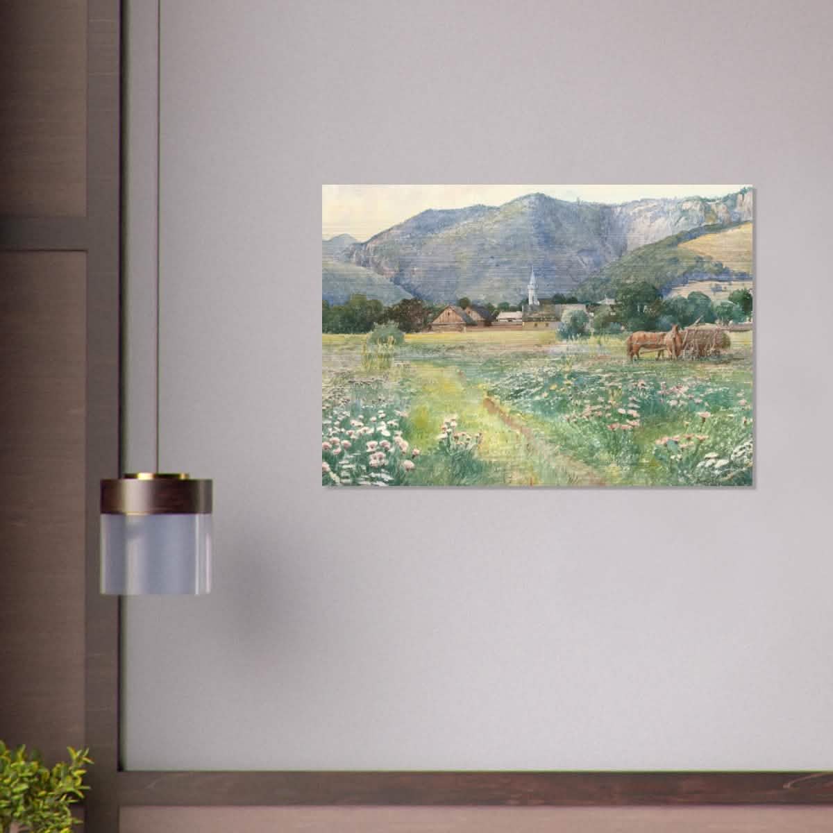 Landscape with a blooming meadow by Július Zorkóczy - Brushed Aluminum Print - 70x100 cm / 28x40″ -