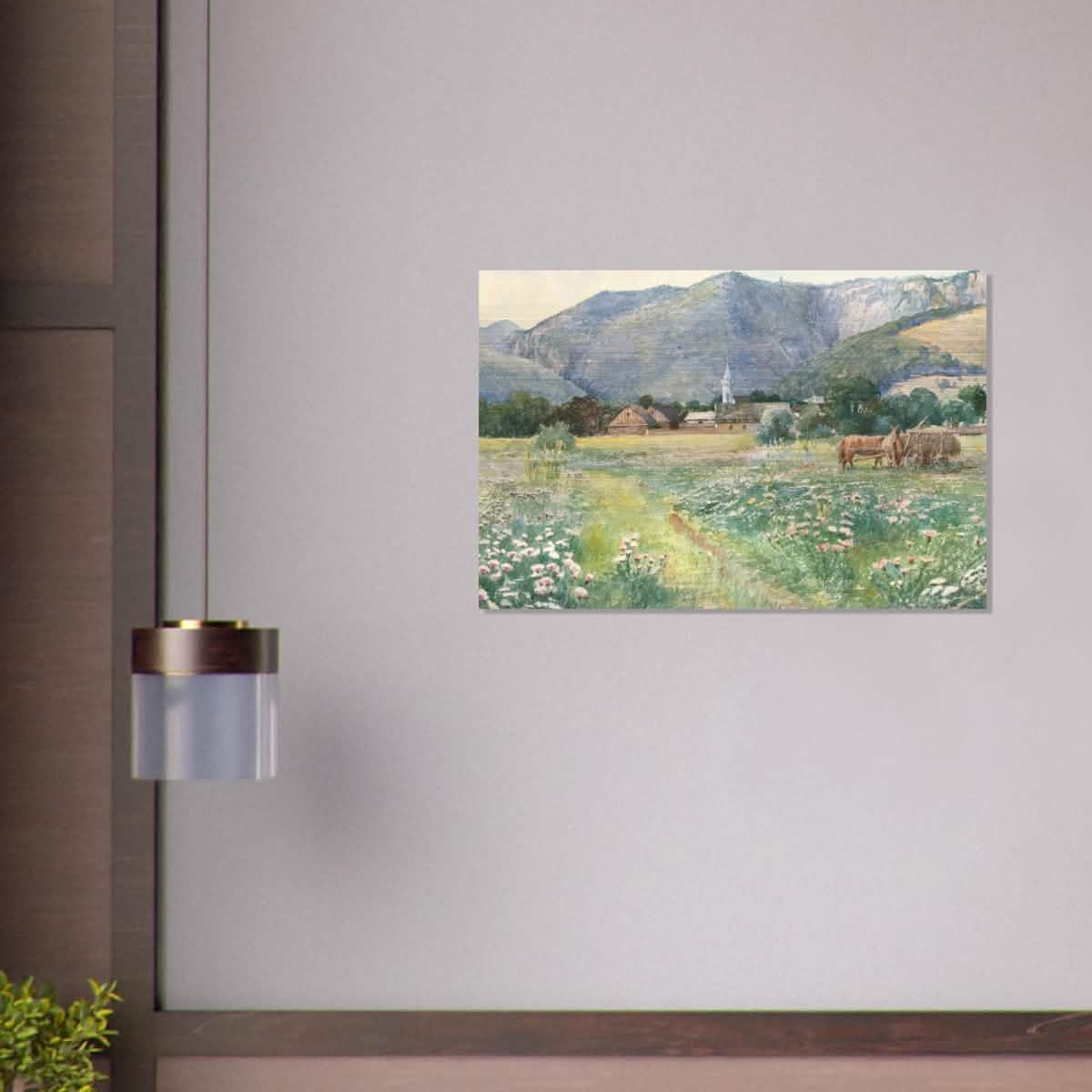 Landscape with a blooming meadow by Július Zorkóczy - Brushed Aluminum Print - 60x90 cm / 24x36″ -