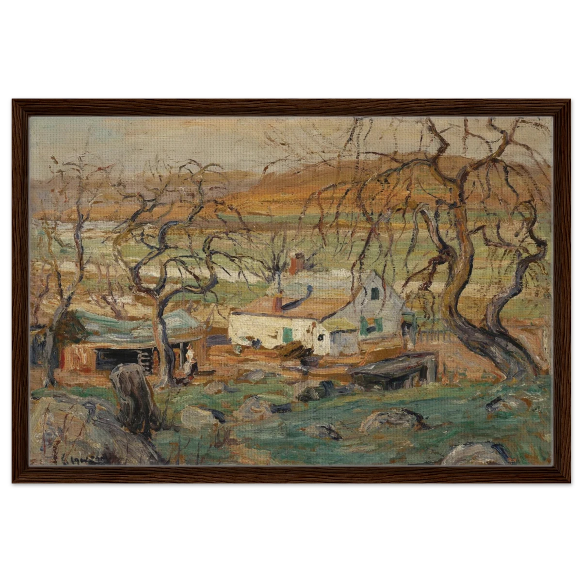Landscape with Gnarled Trees by Ernest Lawson | Nature Wall art Print - Framed Canvas - 50x75 cm / 20x30″ - Dark wood frame