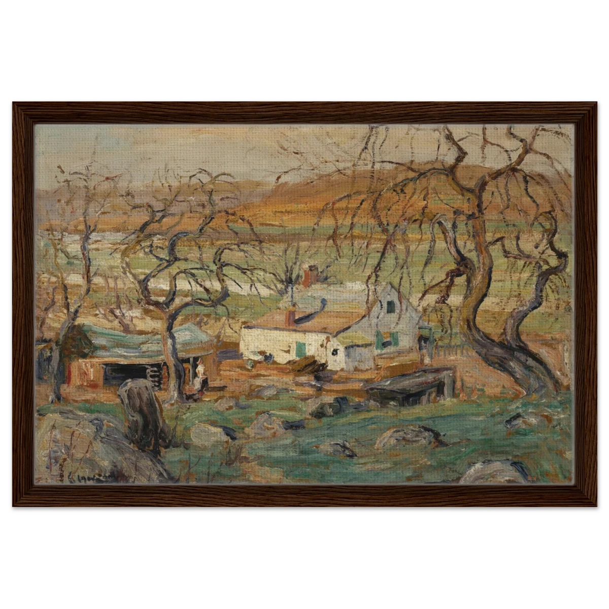 Landscape with Gnarled Trees by Ernest Lawson | Nature Wall art Print - Framed Canvas - 40x60 cm / 16x24″ - Dark wood frame