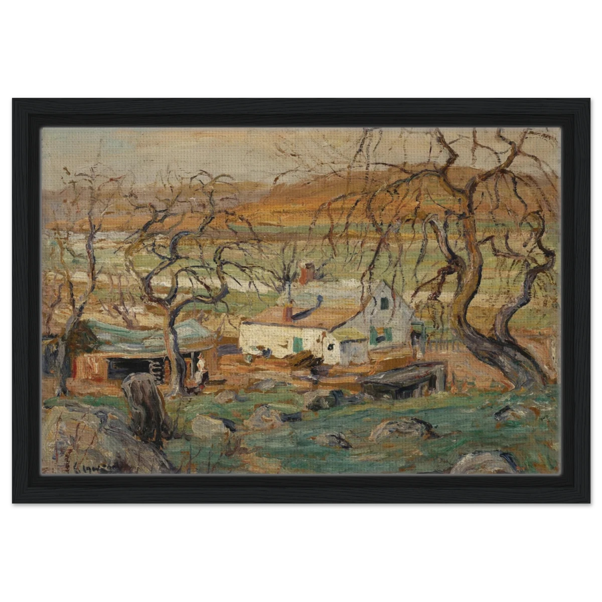 Landscape with Gnarled Trees by Ernest Lawson | Nature Wall art Print - Framed Canvas - 30x45 cm / 12x18″ - Black frame