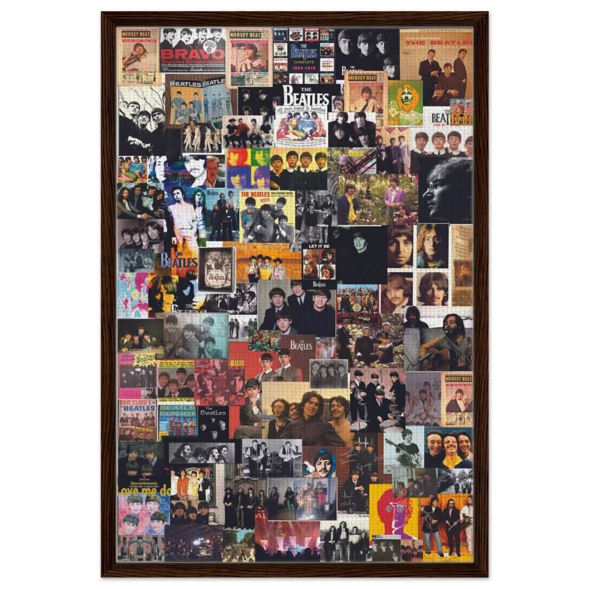 Legendary Harmony: The Ultimate Beatles Collage | Pop Art - Framed Canvas - 60x90 cm / 24x36″ - Dark wood frame