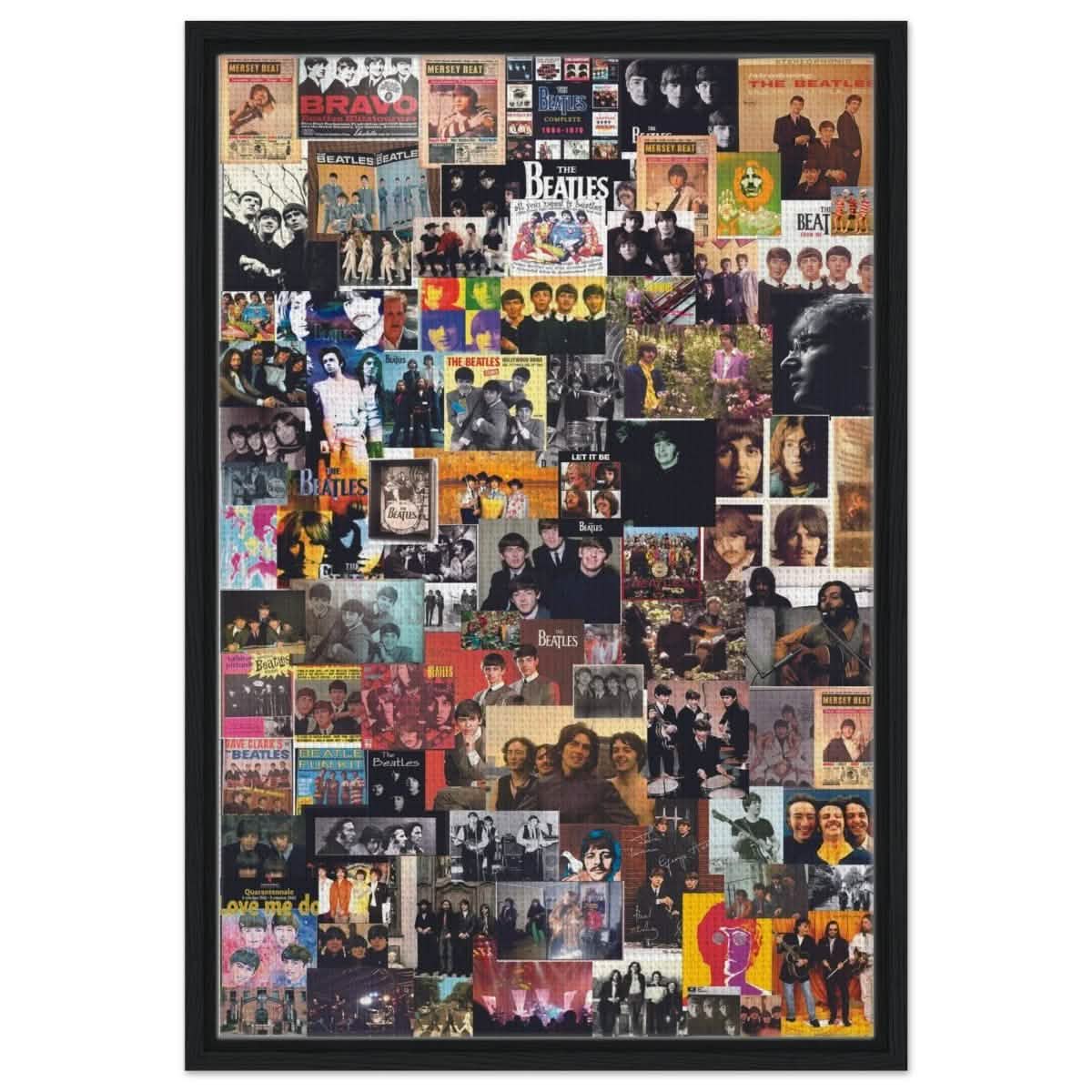 Legendary Harmony: The Ultimate Beatles Collage | Pop Art - Framed Canvas - 50x75 cm / 20x30″ - Black frame