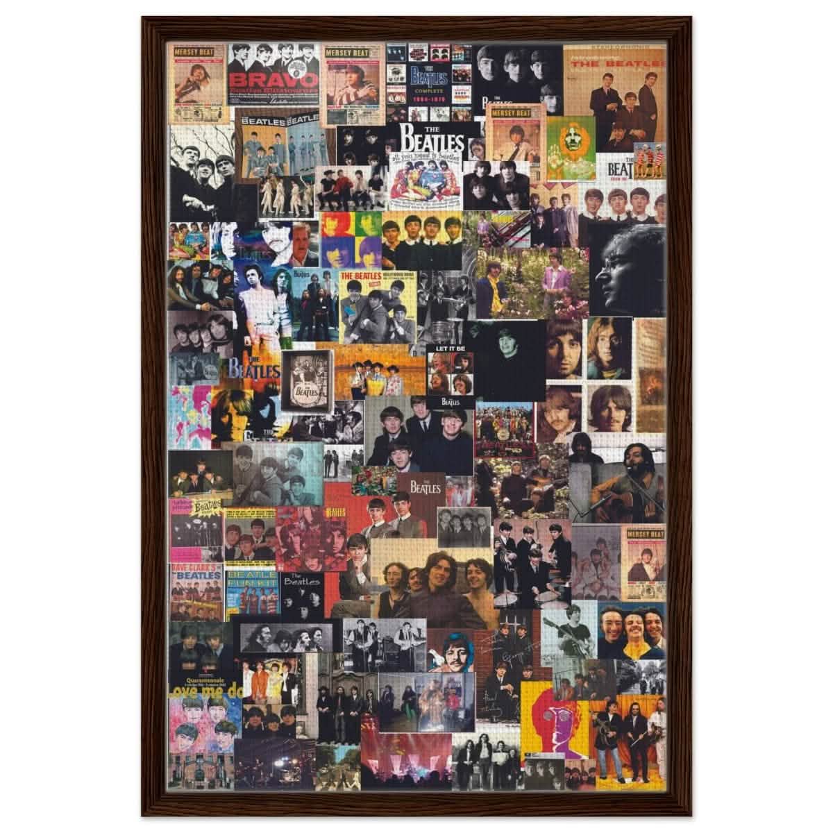 Legendary Harmony: The Ultimate Beatles Collage | Pop Art - Framed Canvas - 50x75 cm / 20x30″ - Dark wood frame