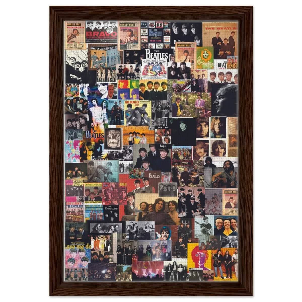 Legendary Harmony: The Ultimate Beatles Collage | Pop Art - Framed Canvas - 30x45 cm / 12x18″ - Dark wood frame