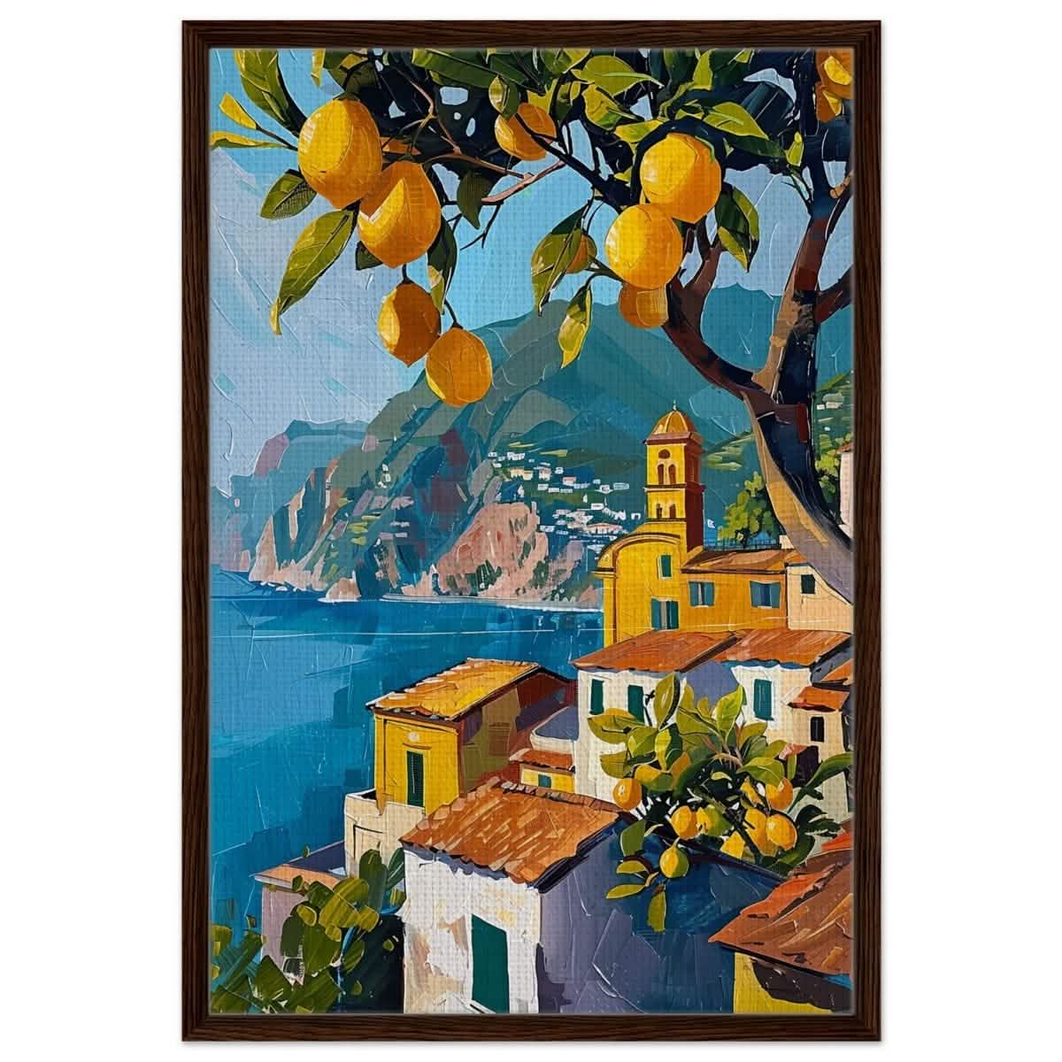 Lemon Grove Bliss | Modern Impressionism Mediterranean - Inspired | wall art print - Framed Canvas - 30x45 cm / 12x18″ - Dark wood frame