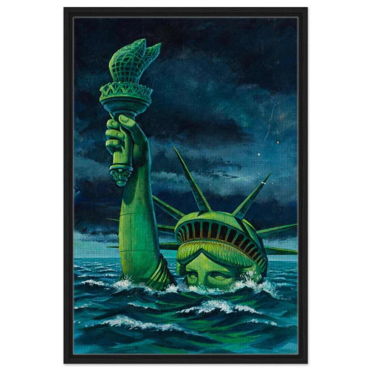 "Liberty Submerged" – Surreal Political Apocalypse Art | Statement Wall Art Print - Framed Canvas - 60x90 cm / 24x36″ - Black frame