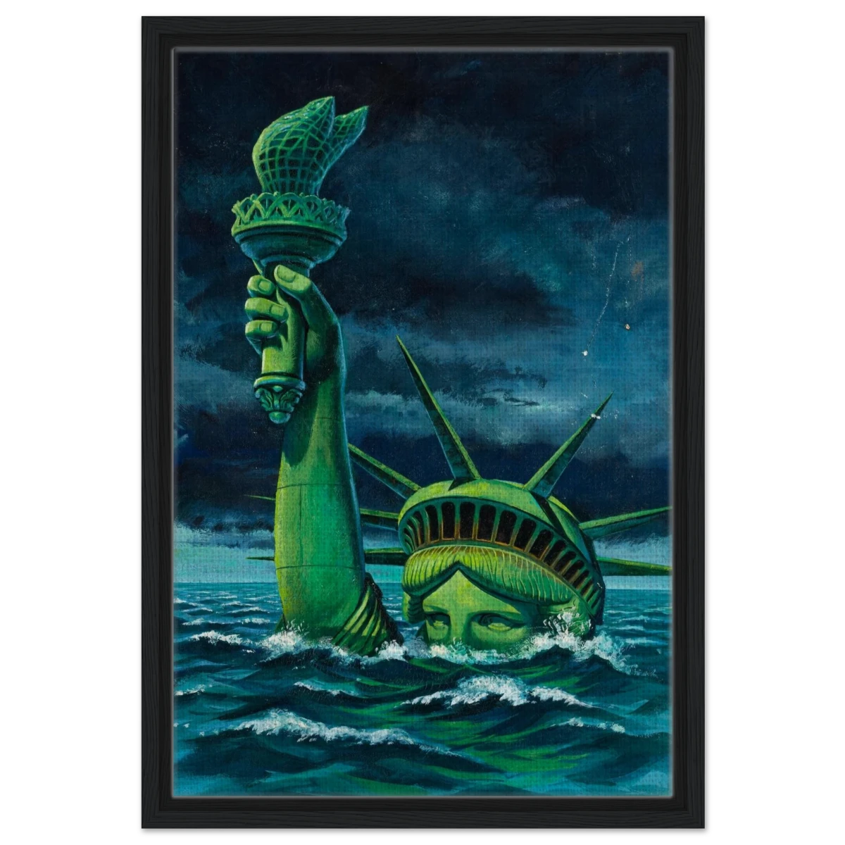 "Liberty Submerged" – Surreal Political Apocalypse Art | Statement Wall Art Print - Framed Canvas - 40x60 cm / 16x24″ - Black frame
