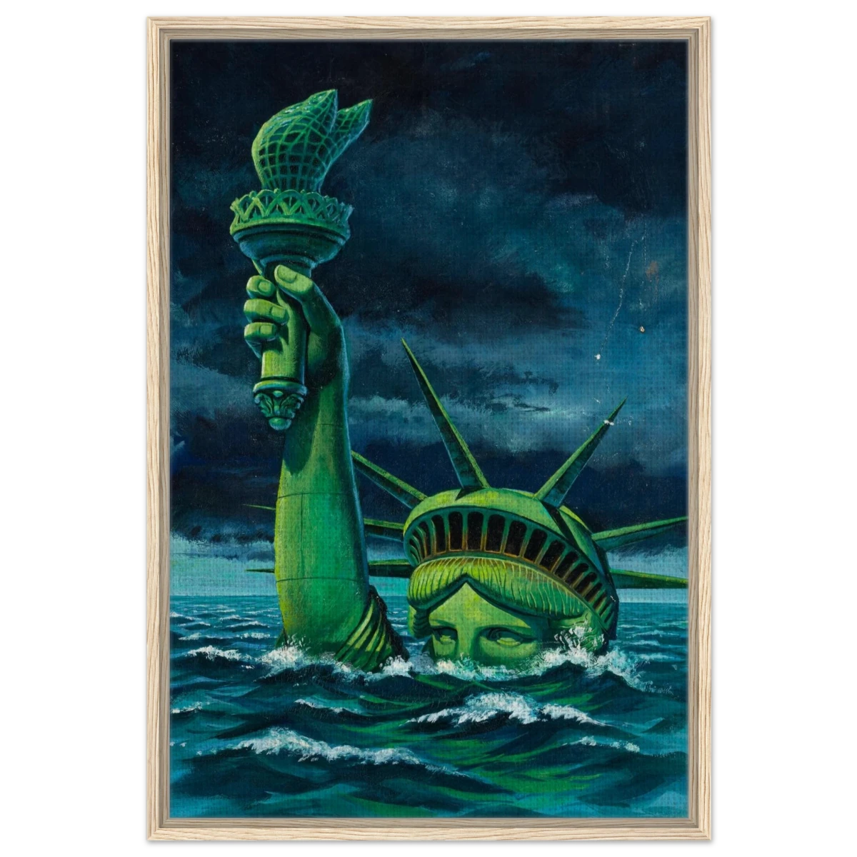 "Liberty Submerged" – Surreal Political Apocalypse Art | Statement Wall Art Print - Framed Canvas - 60x90 cm / 24x36″ - Wood frame
