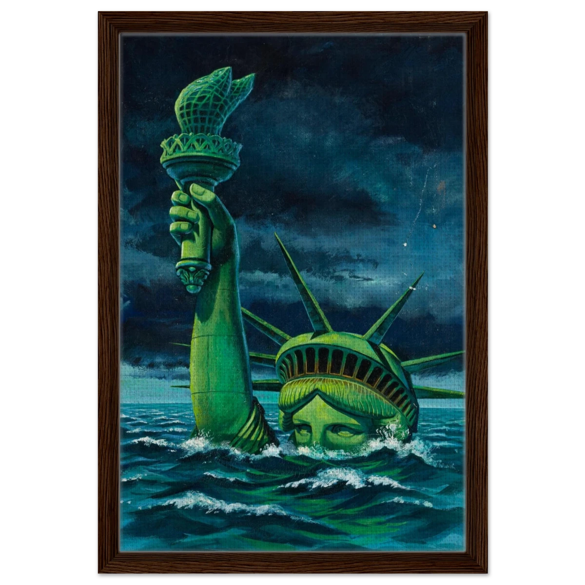 "Liberty Submerged" – Surreal Political Apocalypse Art | Statement Wall Art Print - Framed Canvas - 40x60 cm / 16x24″ - Dark wood frame