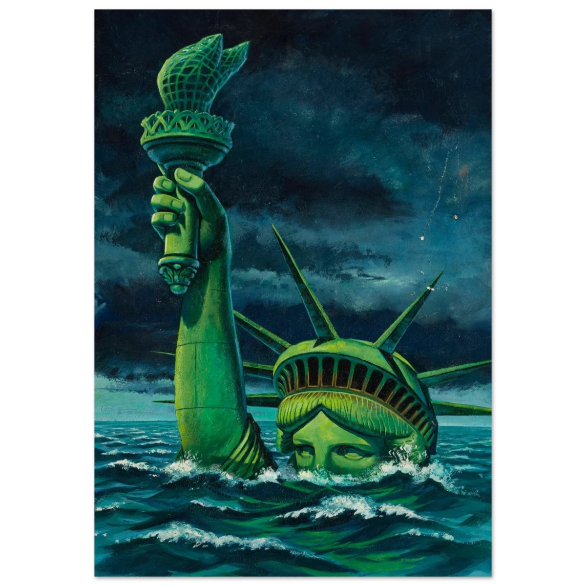 "Liberty Submerged" – Surreal Political Apocalypse Art | Statement Wall Art Print - Wood Prints - 70x100 cm / 28x40″ -