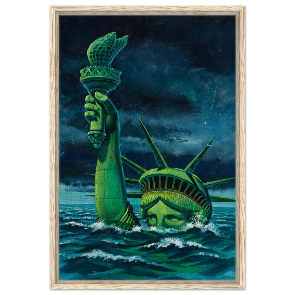 "Liberty Submerged" – Surreal Political Apocalypse Art | Statement Wall Art Print - Framed Canvas - 50x75 cm / 20x30″ - Wood frame