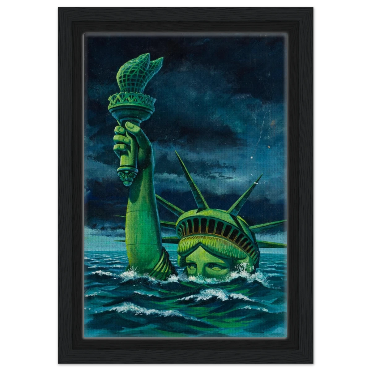 "Liberty Submerged" – Surreal Political Apocalypse Art | Statement Wall Art Print - Framed Canvas - 20x30 cm / 8x12″ - Black frame